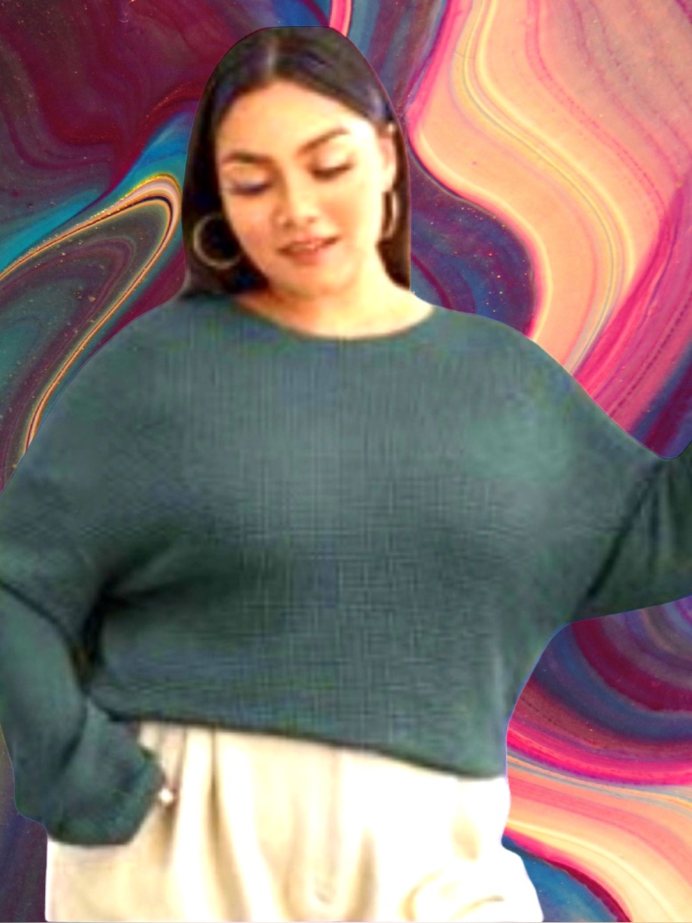 🆕Woman’s plus-size Teal Green Long-sleeve Stretchy Waffle-knit Top❤️❤️4X